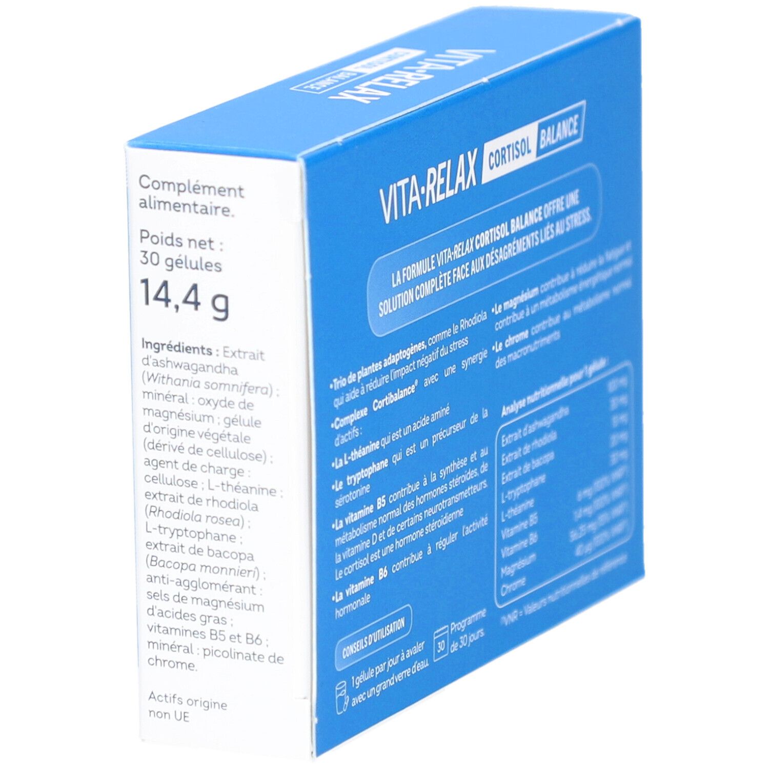 Seitenansicht der VITAVEA VITA'RELAX GELUL 30 Verpackung. Blaue Schachtel mit Inhaltsstoffen und Nährwertangaben.