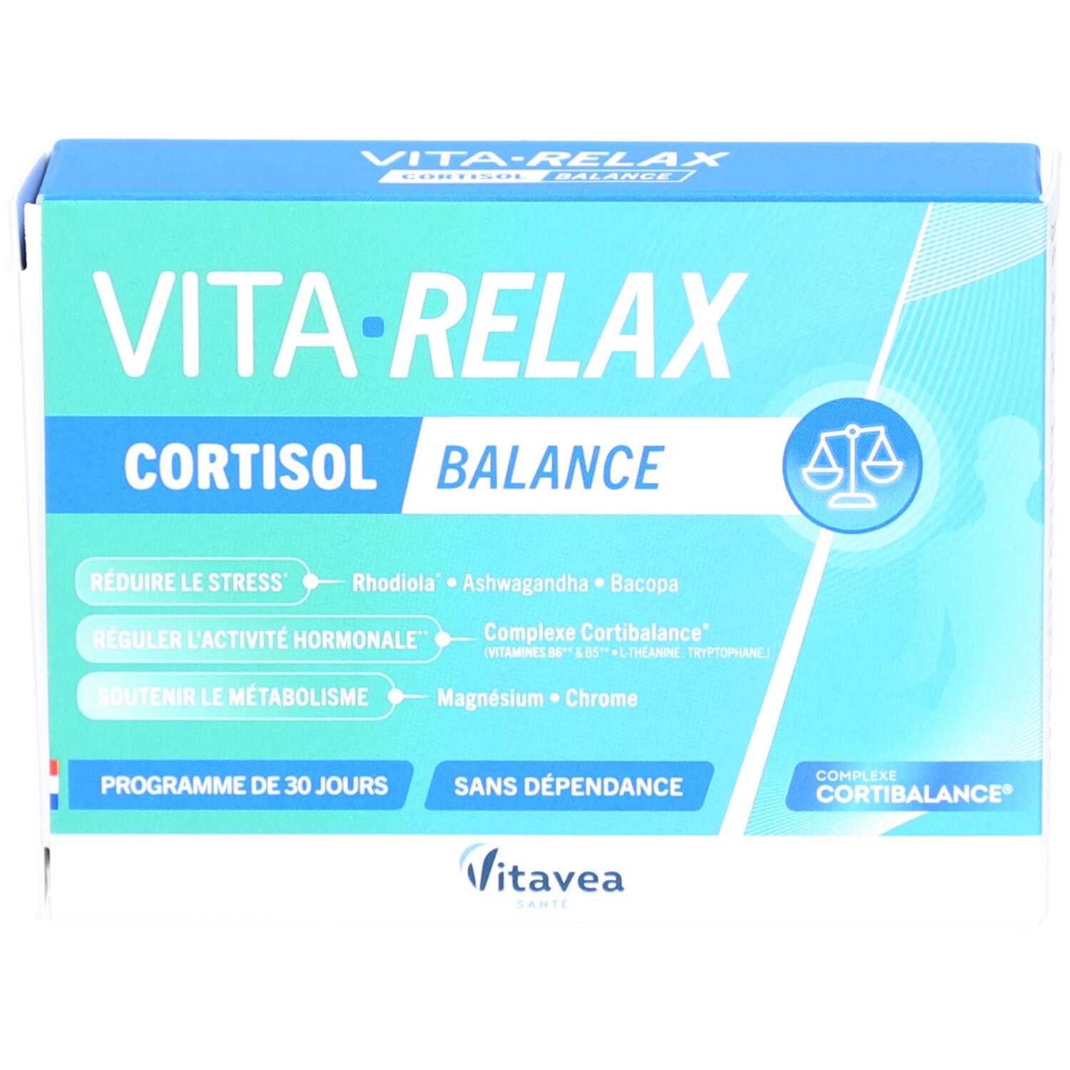 VITAVEA VITA'RELAX GELUL 30 Verpackung. Blaue Schachtel mit Produktnamen, Inhaltsstoffen und Logo.