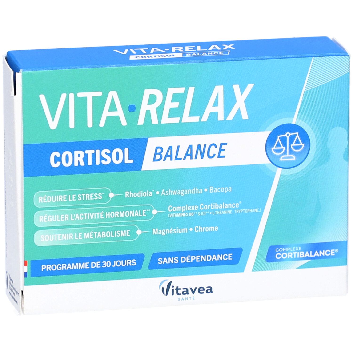 VITAVEA VITA'RELAX GELUL 30 Verpackung. Blaue Schachtel mit Produktnamen, Inhaltsstoffen und Logo.