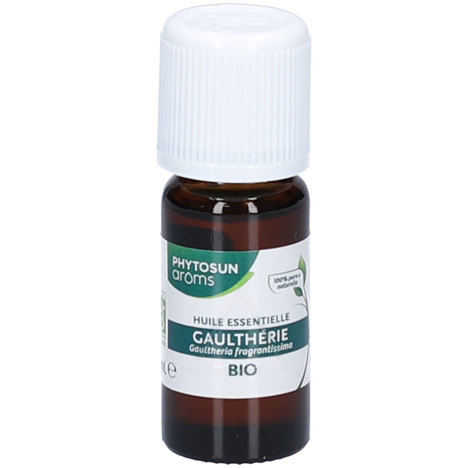 Flacon en verre brun avec bouchon blanc. Étiquette : PHYTOSUN aroms, Gaulthérie BIO. 100% pure naturelle.