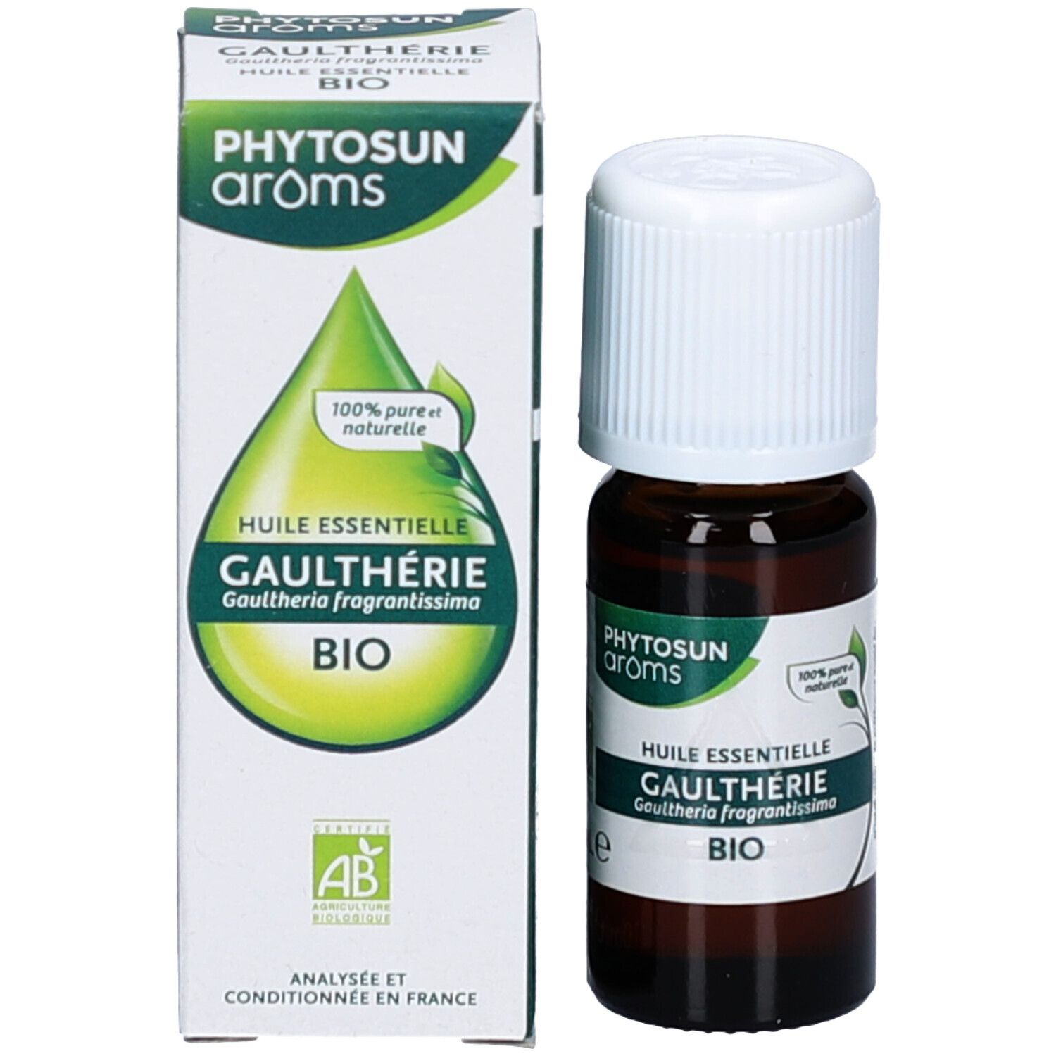 Flacon et boîte du produit. Boîte avec texte : PHYTOSUN aroms, Gaulthérie BIO. Certification AB. 100% pure naturelle.