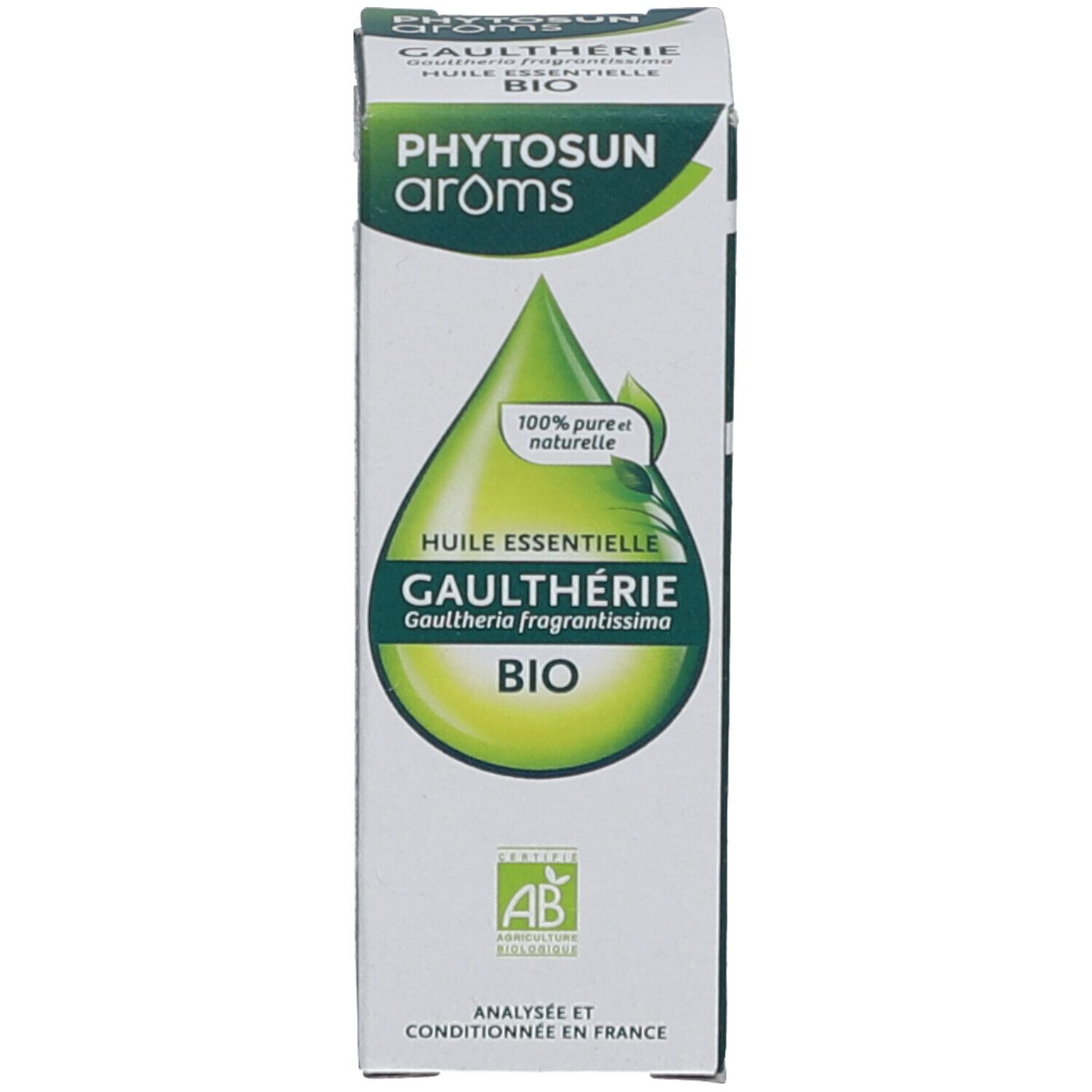 Emballage du produit. Boîte avec texte : PHYTOSUN aroms, Gaulthérie BIO. Certification AB. 100% pure naturelle.