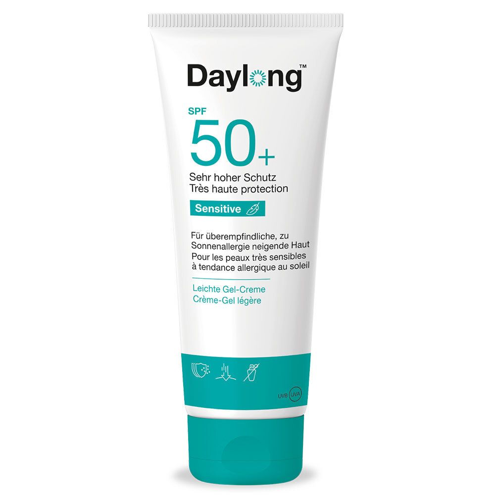 Weiß-türkisfarbene Tube mit Daylong-Logo, SPF 50+ und „Sensitive“. Leichte Gel-Creme. 