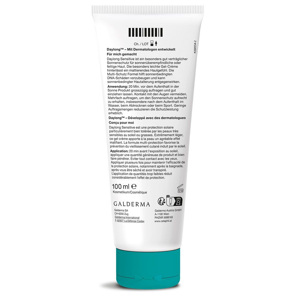 Rückseite der Tube. Text in Deutsch und Französisch. Barcode und Galderma-Logo.
