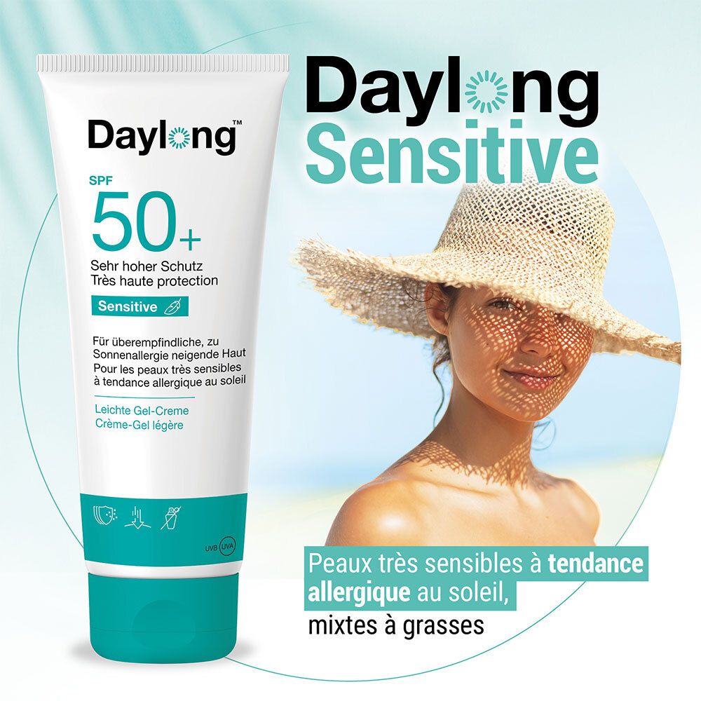 Werbebild mit Tube und Frau mit Sonnenhut. Text: Daylong Sensitive, Ideal für sonnenallergische Haut.