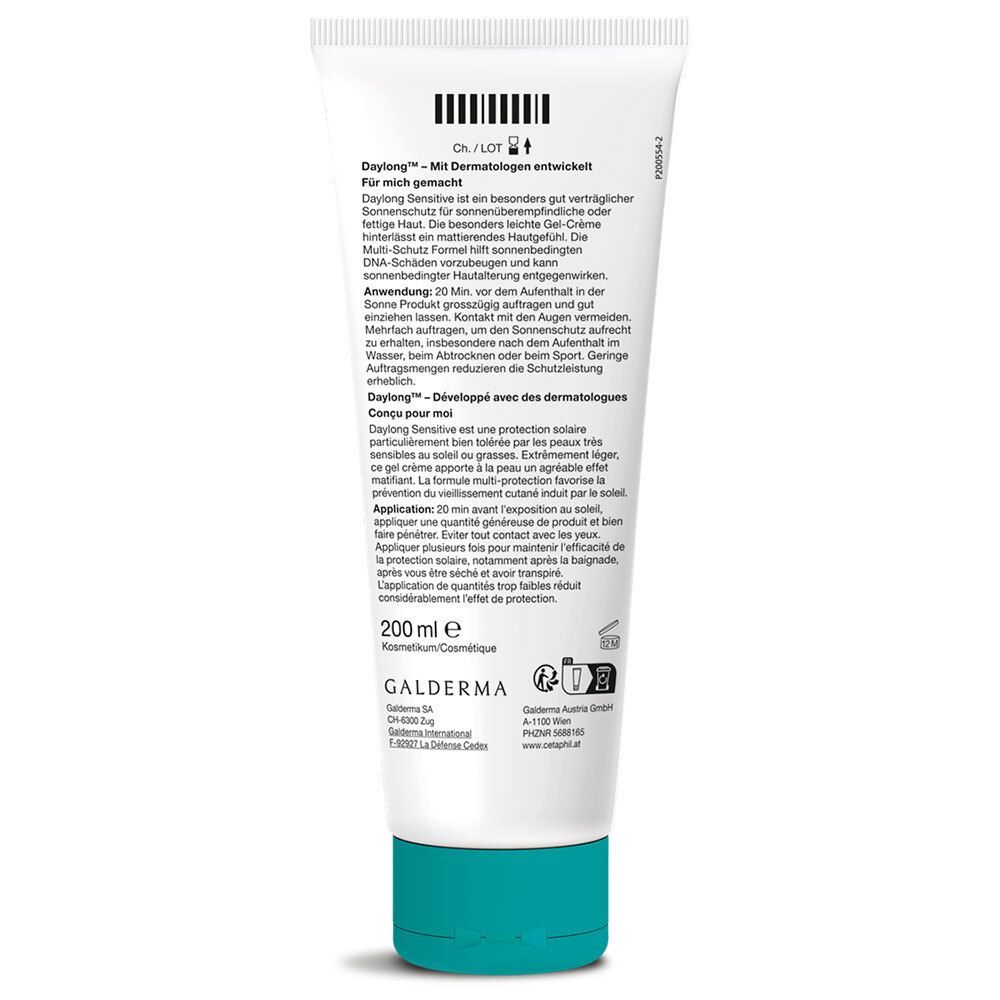 Dos du tube Daylong SPF 50+ Sensitive. Texte en allemand et français. Code-barres, 200 ml, logo Galderma, cosmétique.