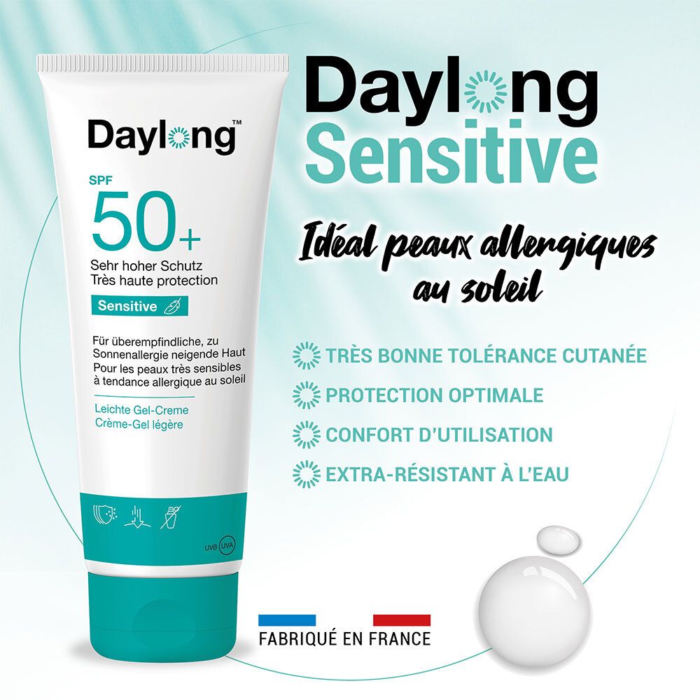 Publicité Daylong Sensitive. Tube et texte: SPF 50+, Sensitive. Idéal peaux allergiques au soleil. Très bonne tolérance cutanée.