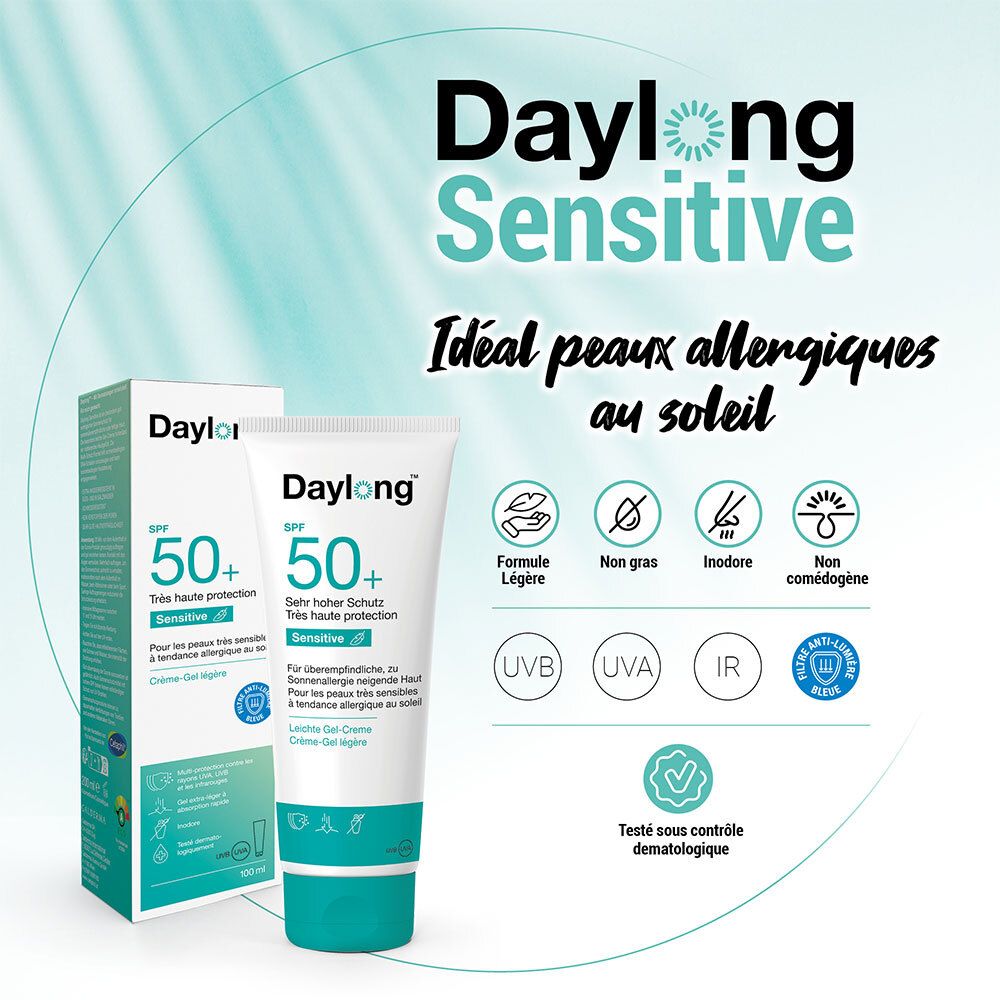 Publicité Daylong Sensitive. Tube et emballage. Texte: SPF 50+, Sensitive. Formule légère, non grasse, inodore, non comédogène.