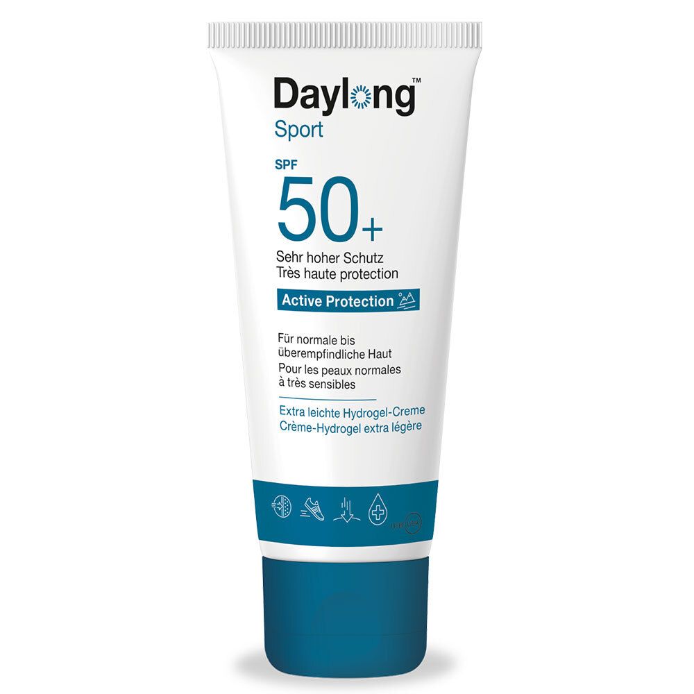 Weisse Tube mit blauem Deckel. Aufschrift: Daylong Sport SPF 50+. Für normale bis überempfindliche Haut.