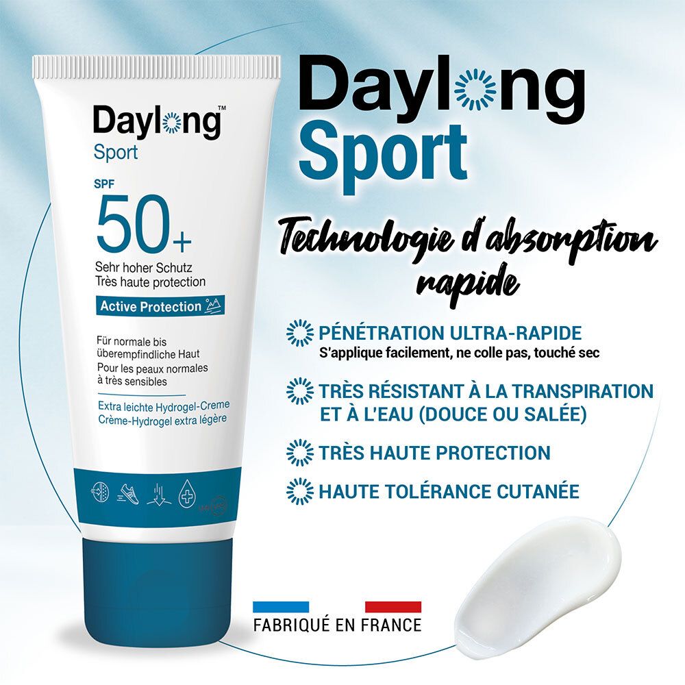 Produktabbildung mit Text. Daylong Sport, SPF 50+. Technologie d'absorption rapide. Creme-Hydrogel.