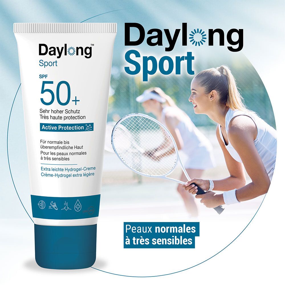 Produktabbildung mit Tennisspielern. Daylong Sport, SPF 50+. Für normale bis sehr empfindliche Haut.