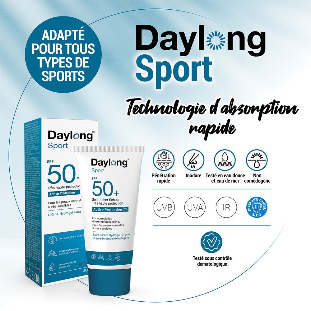 Produktverpackung und Tube. Text: Daylong Sport. SPF 50+. Active Protection. Für alle Sportarten geeignet.