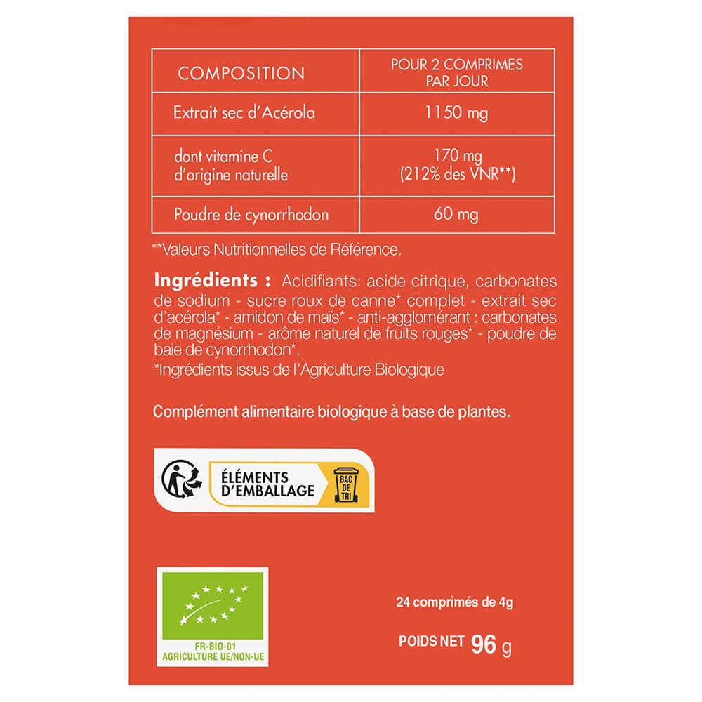 Rückseite der Verpackung von PHYTOACT ACEROLA BIO 1000 CPR EFF24. Inhaltsstoffe, Nährwertangaben, Bio-Siegel, 24 Tabletten, 96 g.