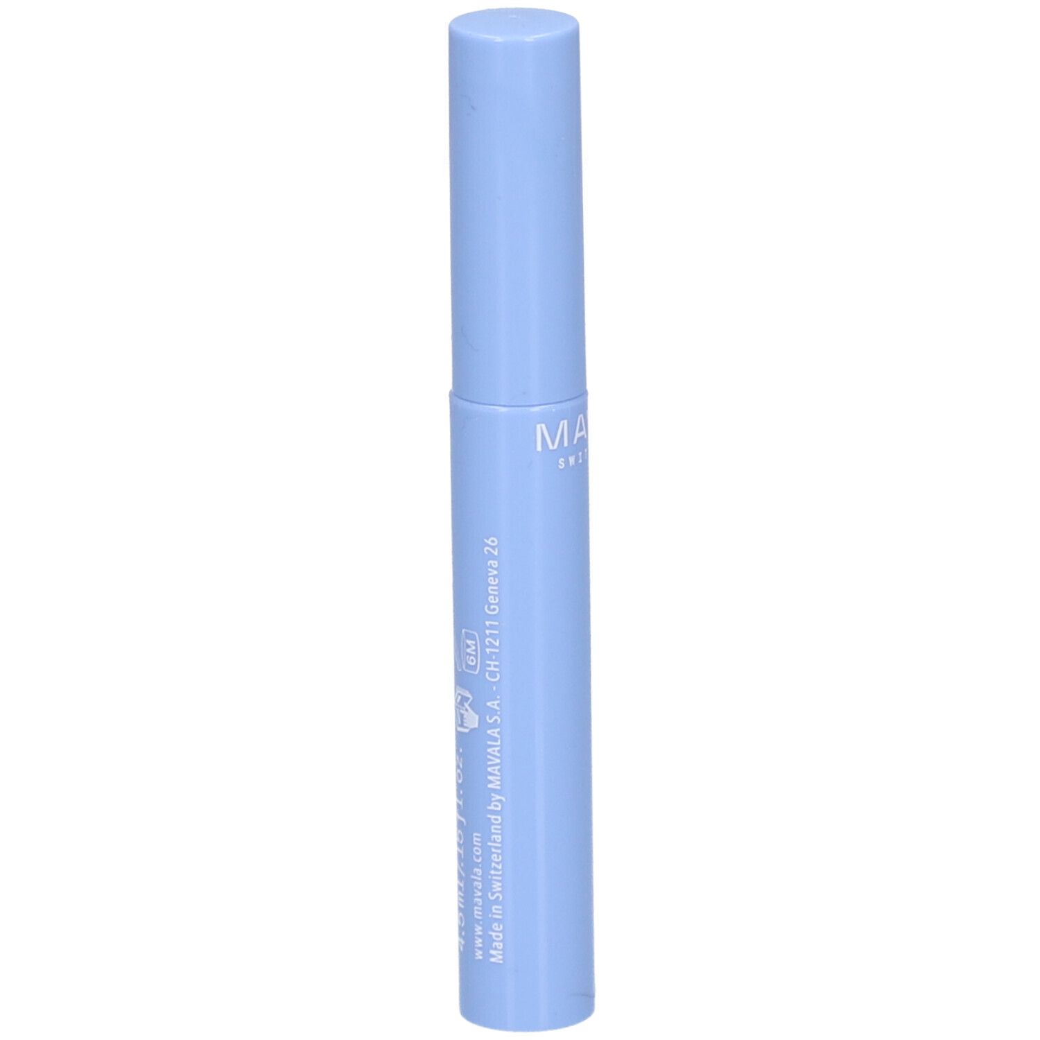 Sérum bleu clair. Forme cylindrique avec bouchon à vis. Marque et lieu de fabrication imprimés.