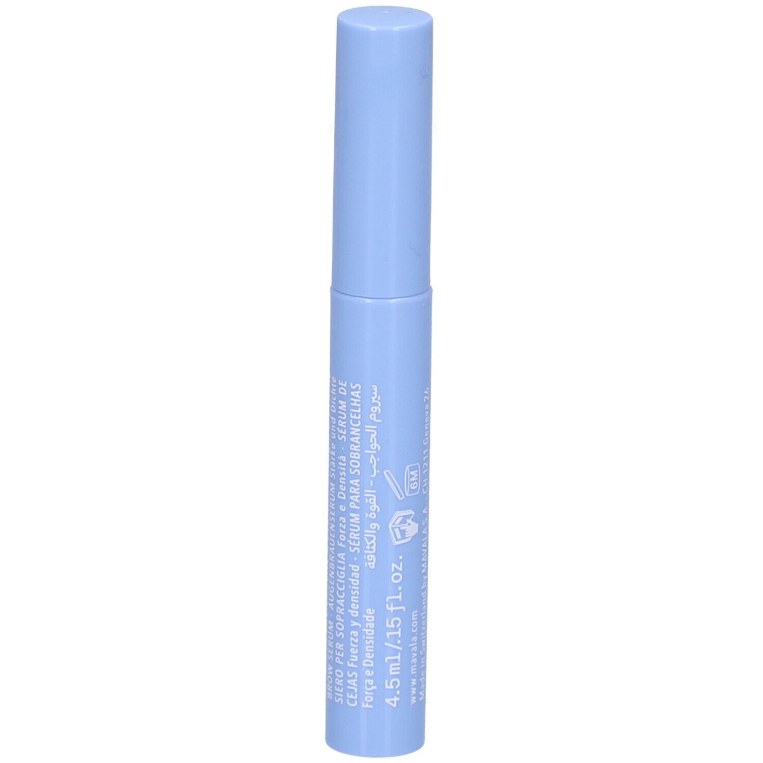 Sérum bleu clair. Forme cylindrique avec bouchon à vis. Impression avec nom du produit et volume.