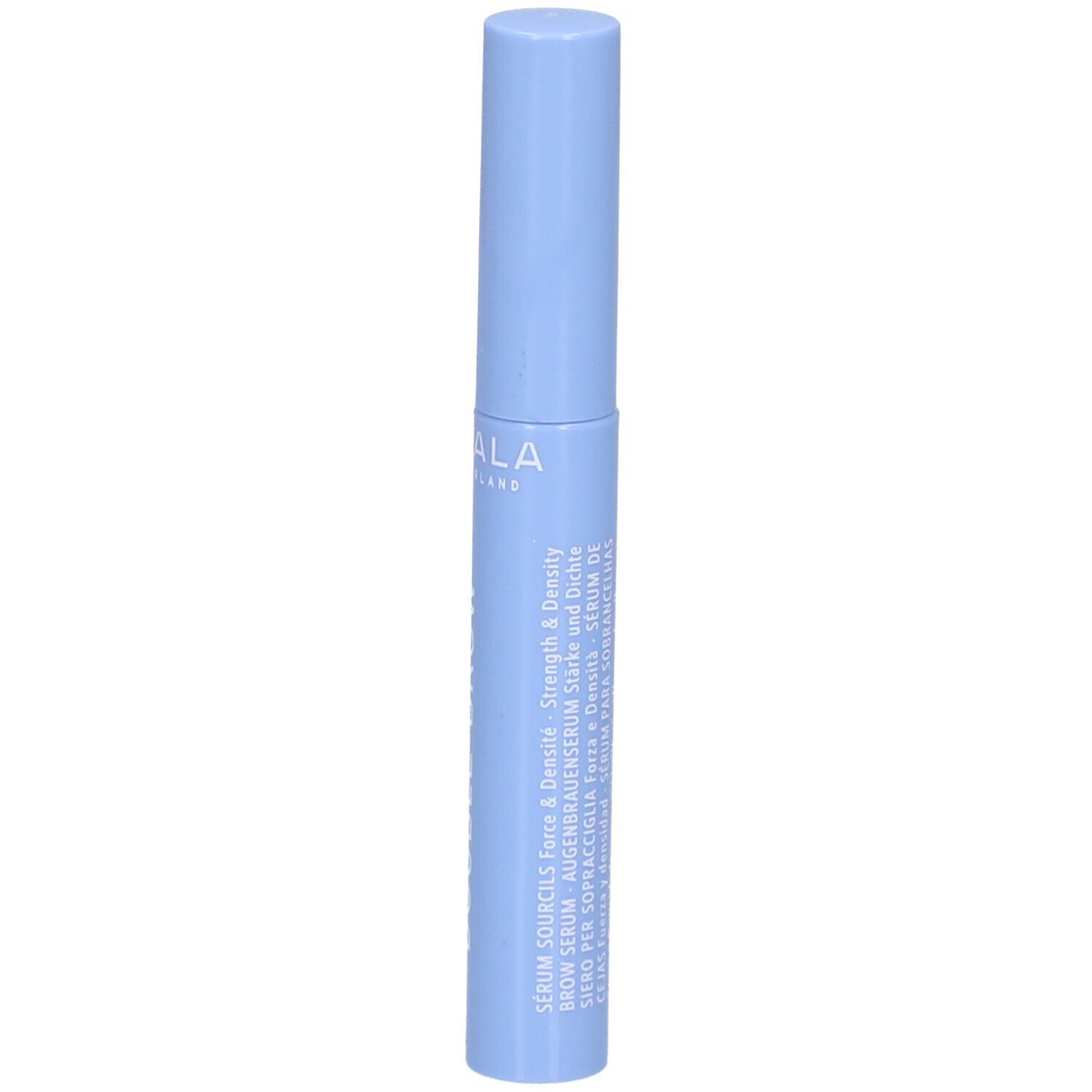 Sérum bleu clair. Forme cylindrique avec bouchon à vis. Impression avec nom du produit et volume.