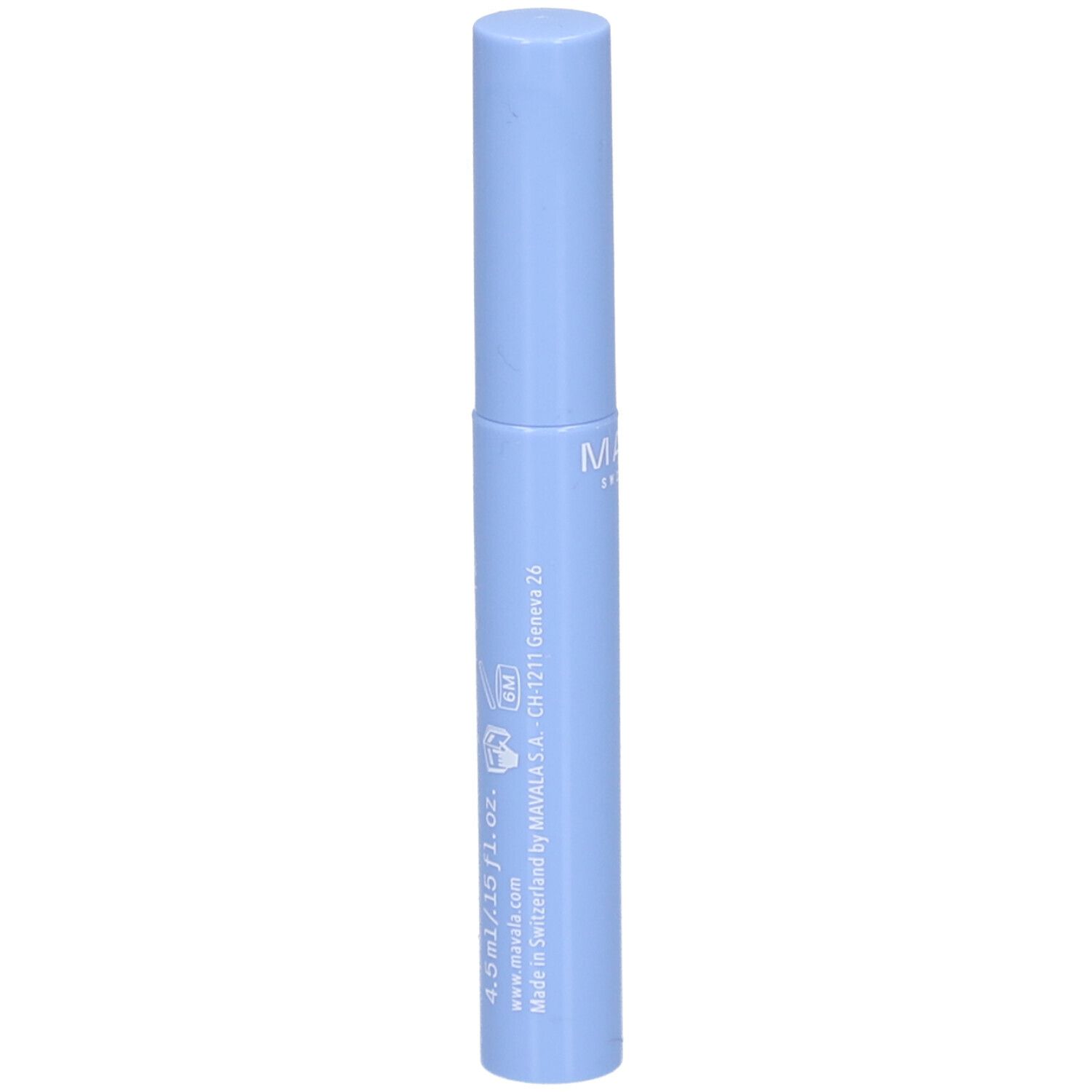 Sérum bleu clair. Forme cylindrique avec bouchon à vis. Marque, volume et lieu de fabrication.