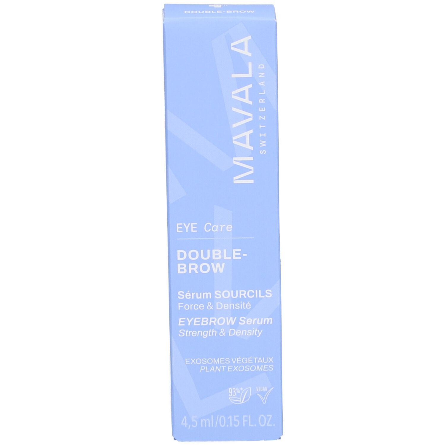Emballage bleu clair. Nom du produit, marque et informations imprimés.