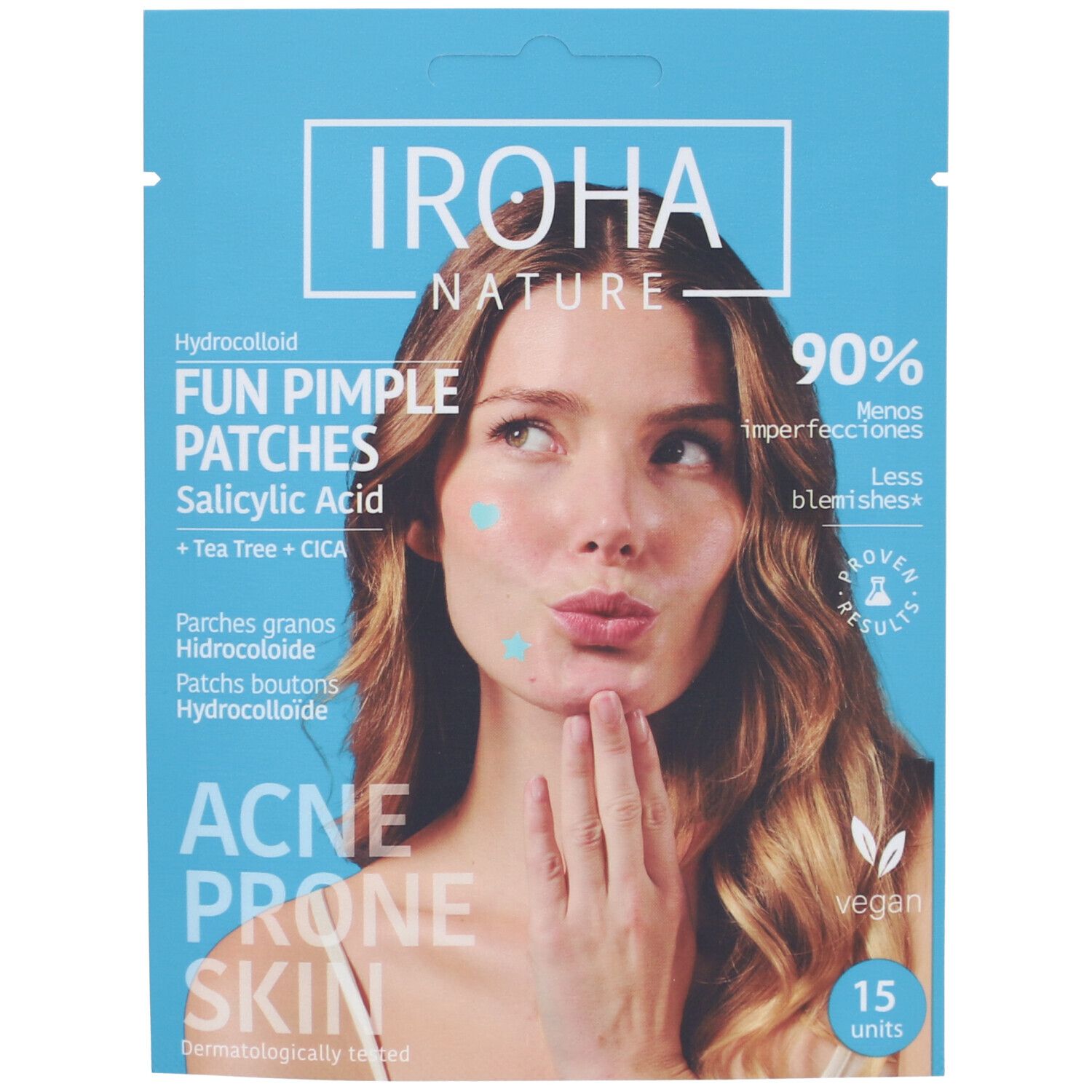Emballage IROHA NATURE FUN PIMPLE PATCHES. Sachet bleu avec visage de femme et informations produit. 15 unités.
