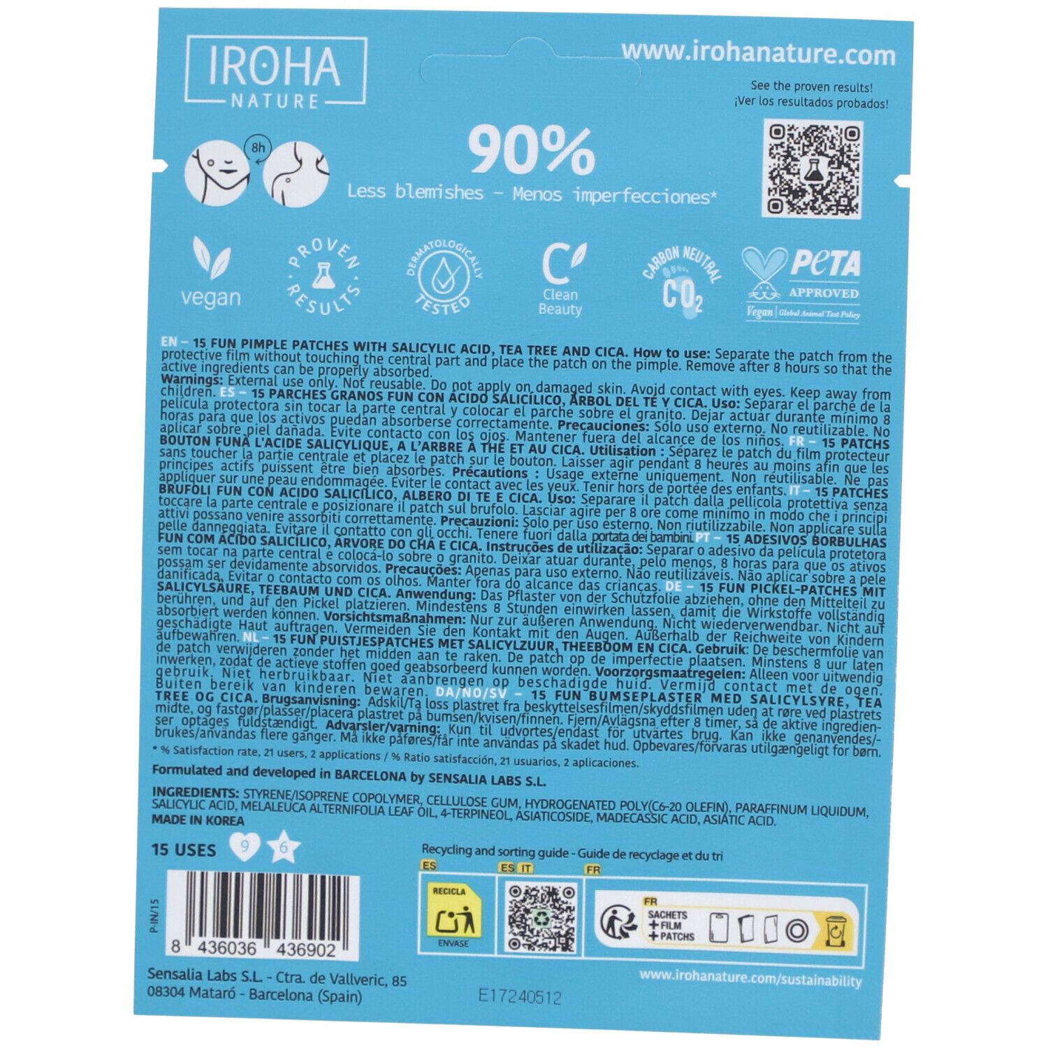 Dos de l'emballage IROHA NATURE FUN PIMPLE PATCHES. Informations textuelles, logos et consignes de recyclage. Label vegan.