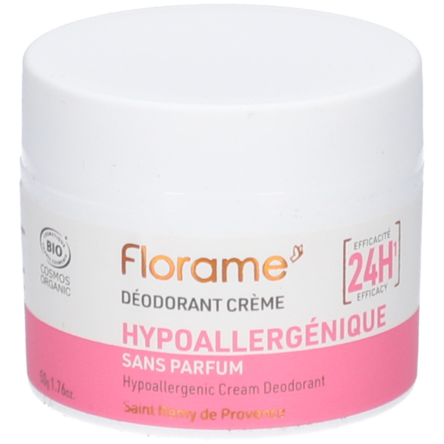 Weißer Tiegel mit rosa Etikett. Aufschrift: FLORAME, Déodorant Crème, Hypoallergénique, Sans Parfum. Bio-Zertifizierung.