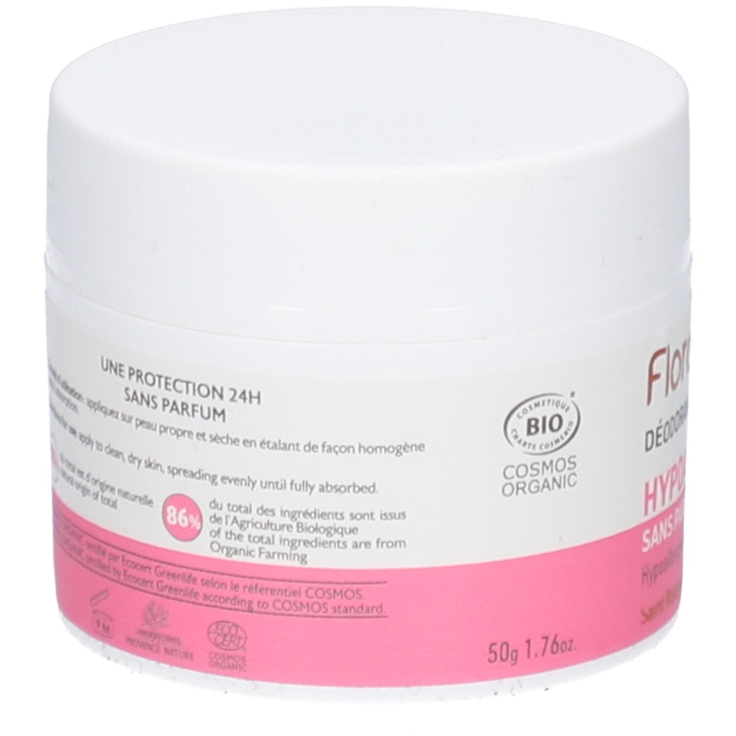 Weißer Tiegel mit rosa Etikett. Text: Une protection 24H Sans Parfum. 86% der Inhaltsstoffe aus biologischem Anbau.