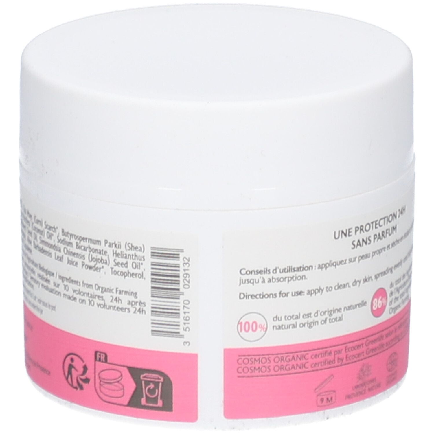 Weißer Tiegel mit rosa Etikett. Aufschrift: Inhaltsstoffe, Anwendungshinweise. 100% natürliche Inhaltsstoffe, 86% Bio.