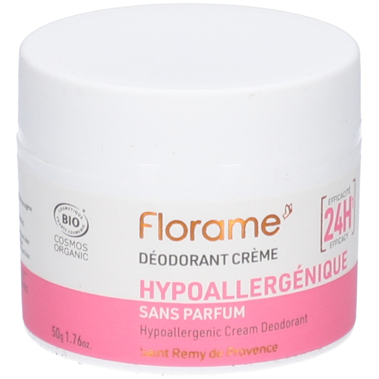 Weißer Tiegel mit rosa Etikett. Aufschrift: FLORAME, Déodorant Crème, Hypoallergénique, Sans Parfum. 24H Wirksamkeit.