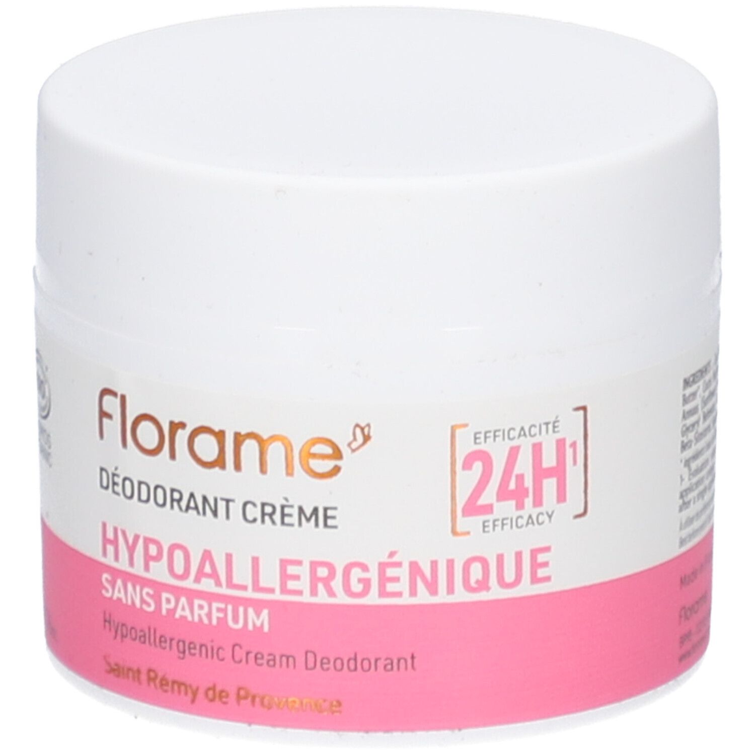 Weißer Tiegel mit rosa Etikett. Aufschrift: FLORAME, Déodorant Crème, Hypoallergénique, Sans Parfum. 24H Wirksamkeit.