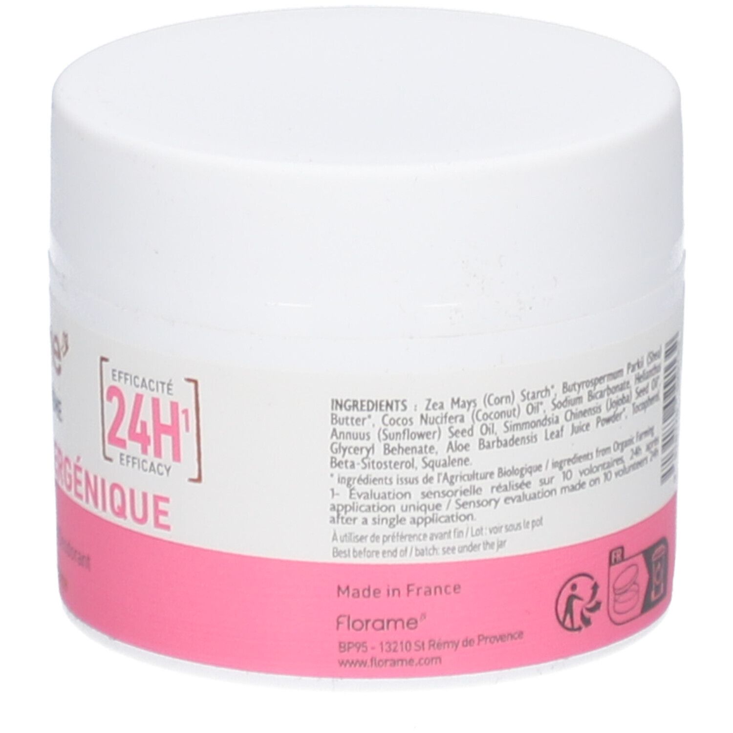 Weißer Tiegel mit rosa Etikett. Aufschrift: Inhaltsstoffe, 24H Wirksamkeit. Hergestellt in Frankreich. Bio-Zertifizierung.