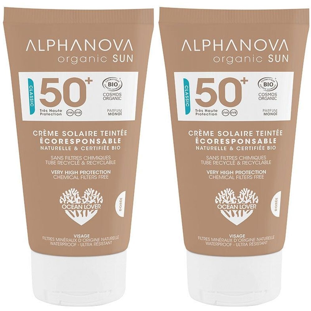 Zwei Tuben Sonnencreme mit SPF 50+. Aufschrift: Alphanova, organic SUN, Crème solaire teintée. Zertifiziertes Bio-Produkt.