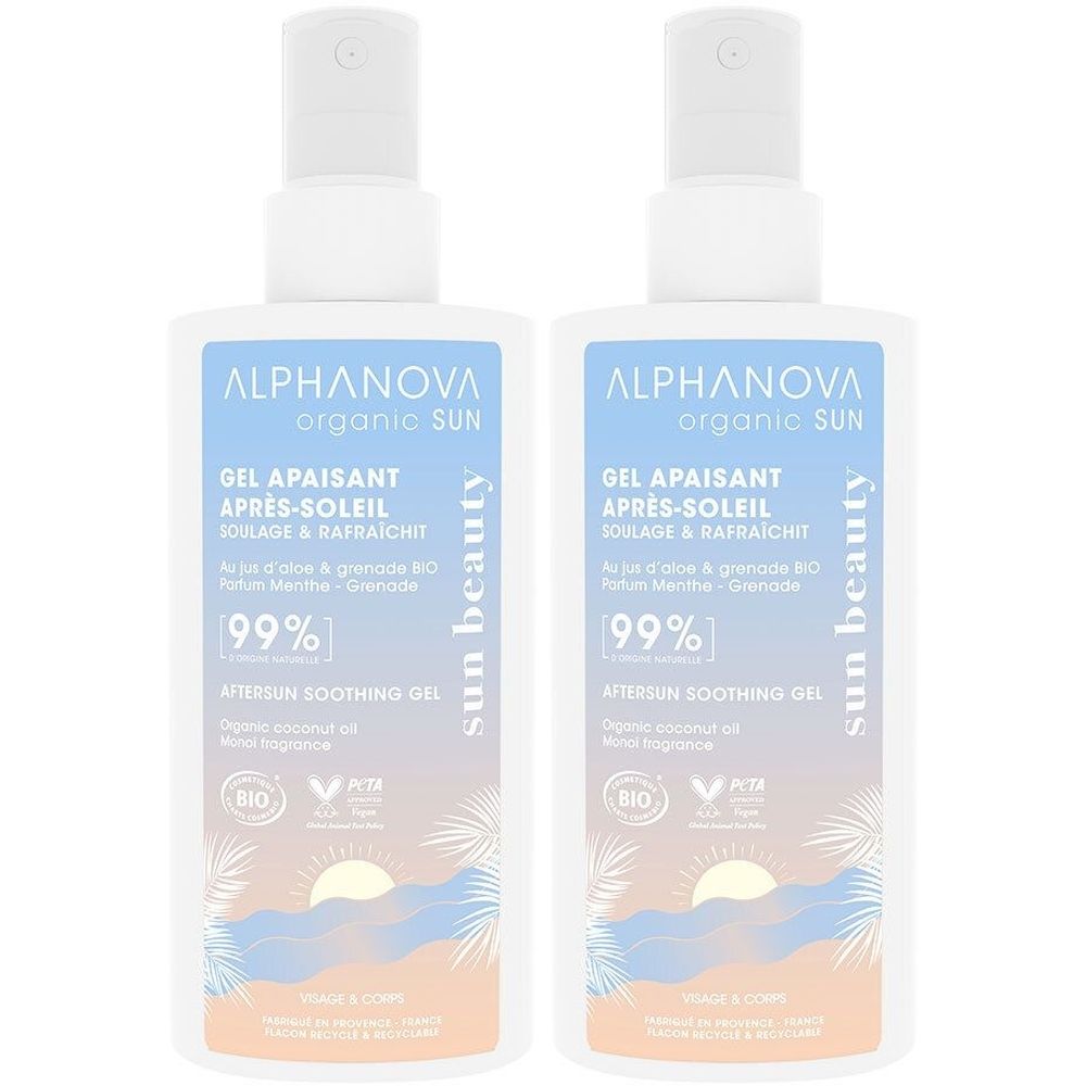 Deux flacons blancs avec vaporisateur. Inscription: ALPHANOVA organic SUN, Gel après-soleil, 99%.