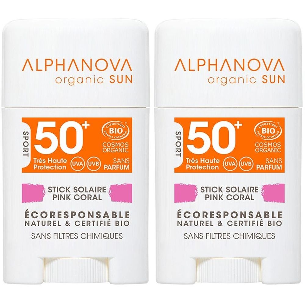 Zwei weiße Sonnenschutzstifte mit orangefarbener Aufschrift ALPHANOVA, SPF 50+ und pinkfarbener Aufschrift STICK SOLAIRE PINK CORAL.