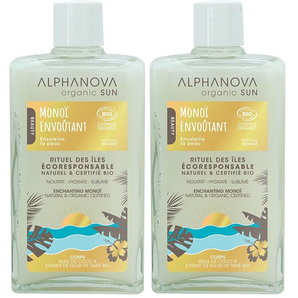 Deux flacons transparents avec liquide blanc. Étiquettes avec texte: MONOÏ ENVOÛTANT, ALPHANOVA organic SUN, certification BIO.