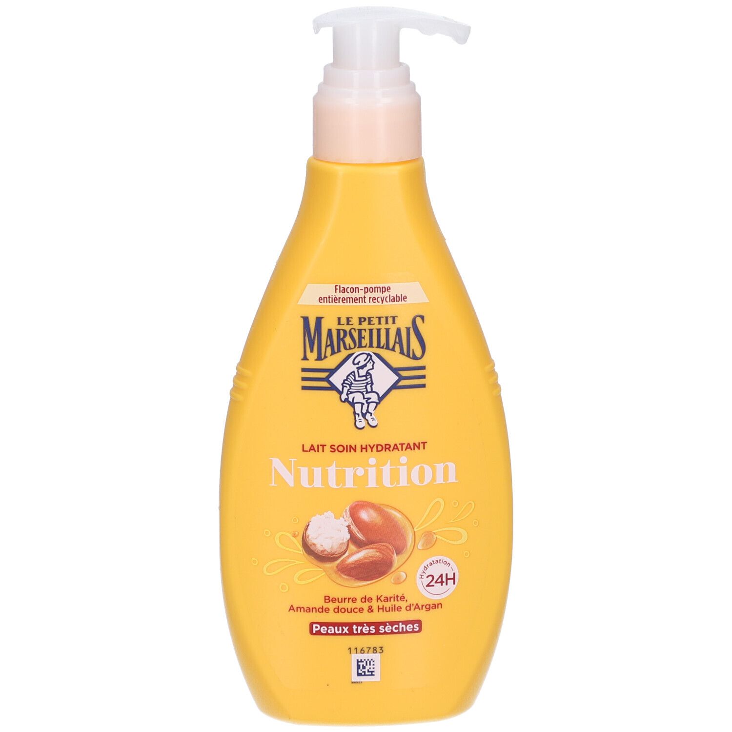 Flacon jaune avec pompe. Inscription: LE PETIT MARSEILLAIS, Lait Soin Hydratant, Nutrition. Contient beurre de karité, huile d'amande douce et d'argan.
