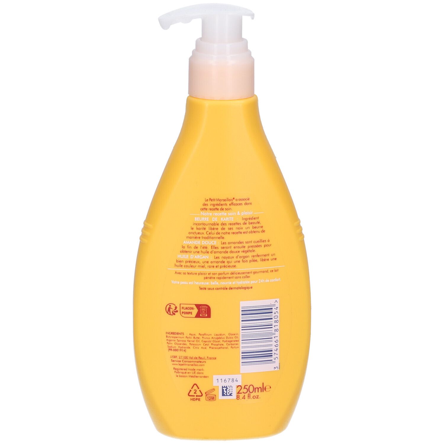 Dos d'un flacon jaune avec pompe. Texte en français. Contient 250 ml.