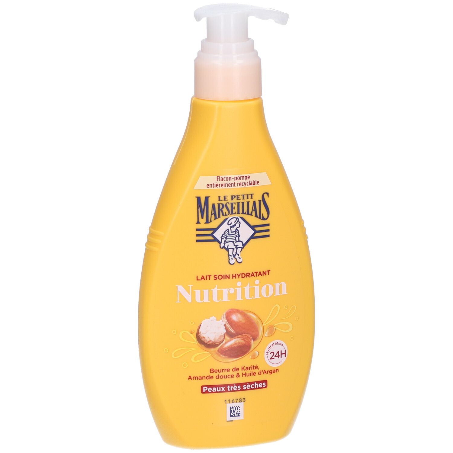 Flacon jaune avec pompe. Inscription: LE PETIT MARSEILLAIS, Lait Soin Hydratant, Nutrition. Contient beurre de karité, huile d'amande douce et d'argan.