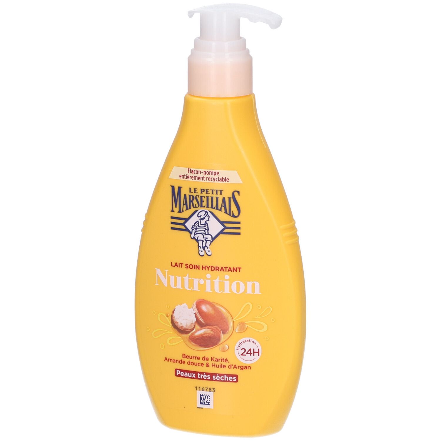 Flacon jaune avec pompe. Inscription: LE PETIT MARSEILLAIS, Lait Soin Hydratant, Nutrition. Contient beurre de karité, huile d'amande douce et d'argan.