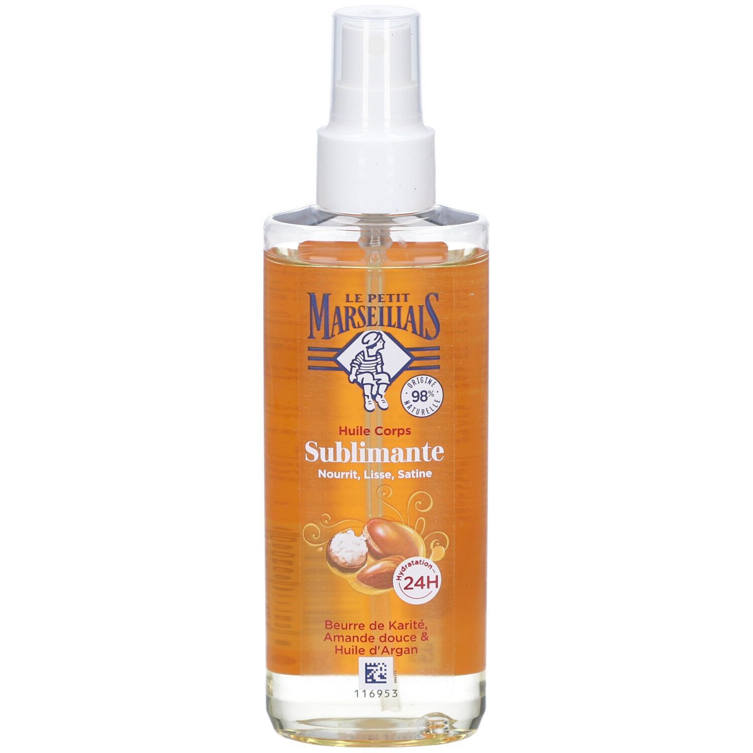 Flacon spray d'huile pour le corps. Verre transparent, tête de pulvérisation blanche. Étiquette avec logo et nom du produit.