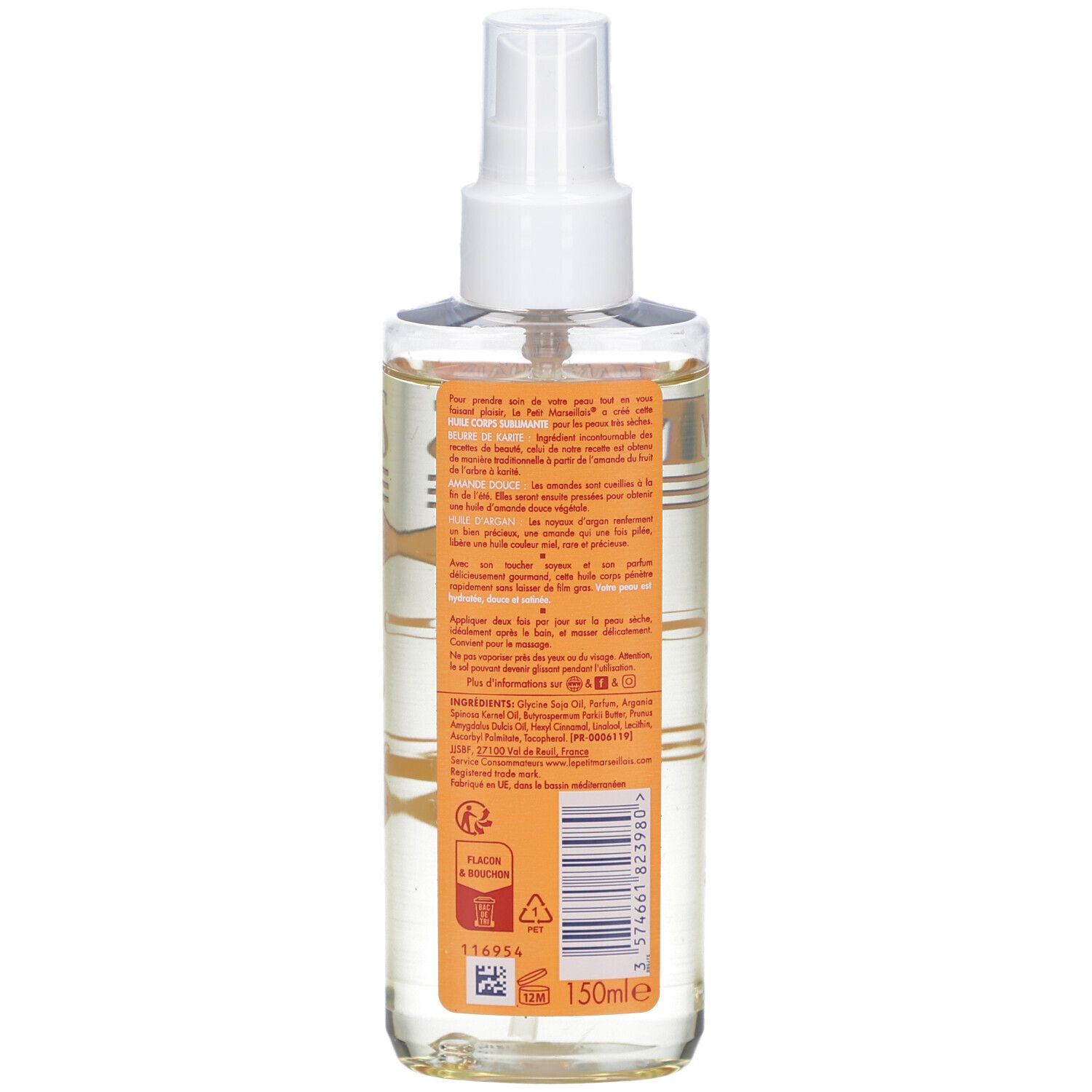 Vue arrière du flacon spray d'huile pour le corps. Étiquette avec informations produit et ingrédients.