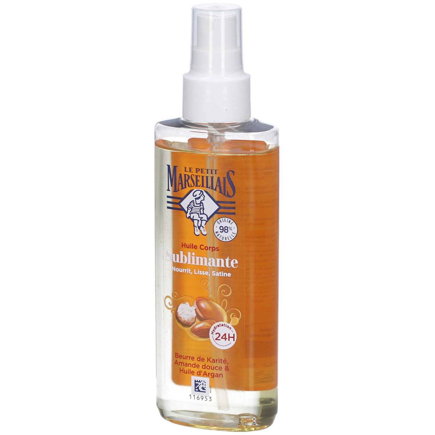 Flacon spray d'huile pour le corps. Verre transparent, tête de pulvérisation blanche. Étiquette avec logo et nom du produit.