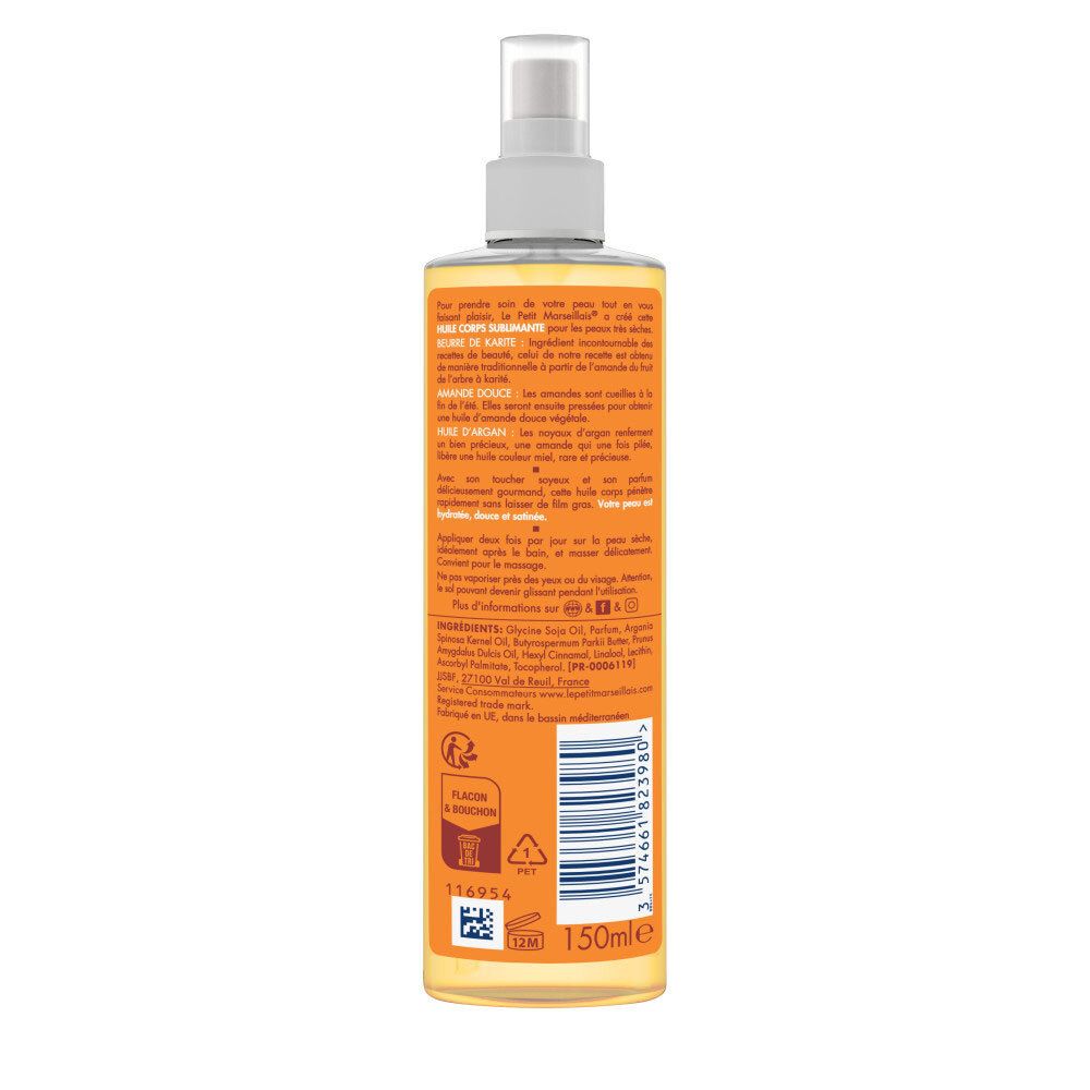 Arrière de la bouteille d'huile corps Le Petit Marseillais avec ingrédients et instructions.