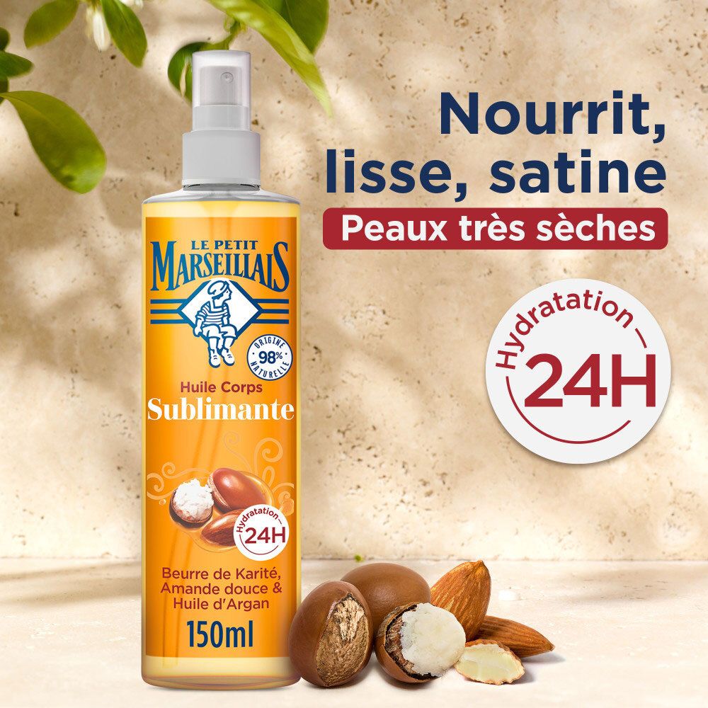 Huile corps Le Petit Marseillais sublimante, karité, amande douce, argan, 150ml, hydratation 24h.