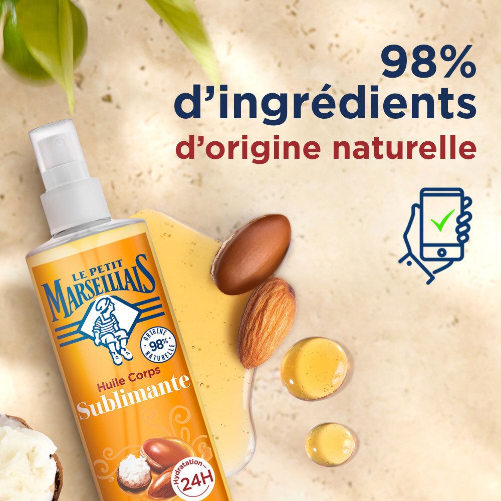 Huile corps Le Petit Marseillais, 98% d'ingrédients d'origine naturelle, karité, amande, argan.
