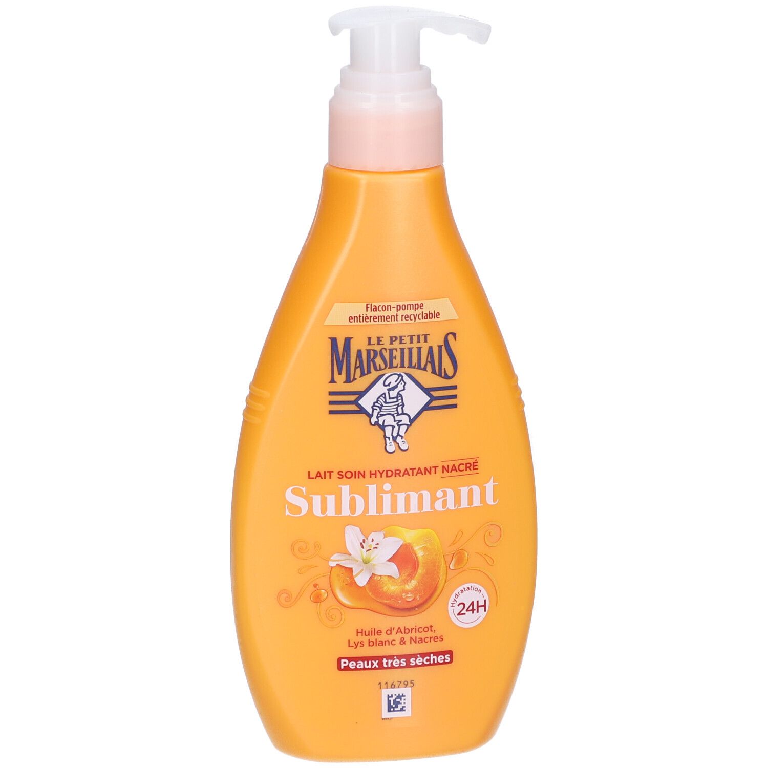 Flacon orange avec pompe. Inscription: Lait Soin Hydratant Nacré Sublimant. Illustration d'une fleur et d'abricot.