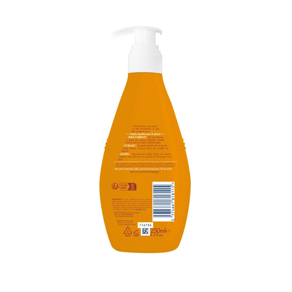 Rückseite einer orangefarbenen Flasche mit Pumpspender, Le Petit Marseillais Pflegemilch.