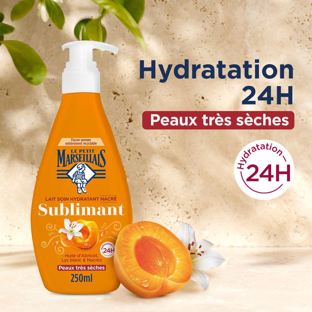 Orangefarbene Flasche mit Pumpspender, Pfirsich und Blüte, 24h Hydratation.