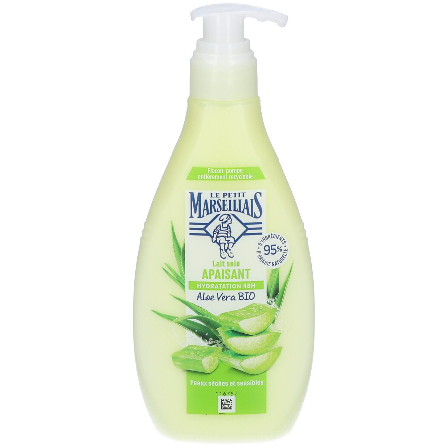 Flacon vert avec pompe. Inscription: LE PETIT MARSEILLAIS, Lait soin apaisant, Aloe Vera BIO. 95% ingrédients d'origine naturelle.