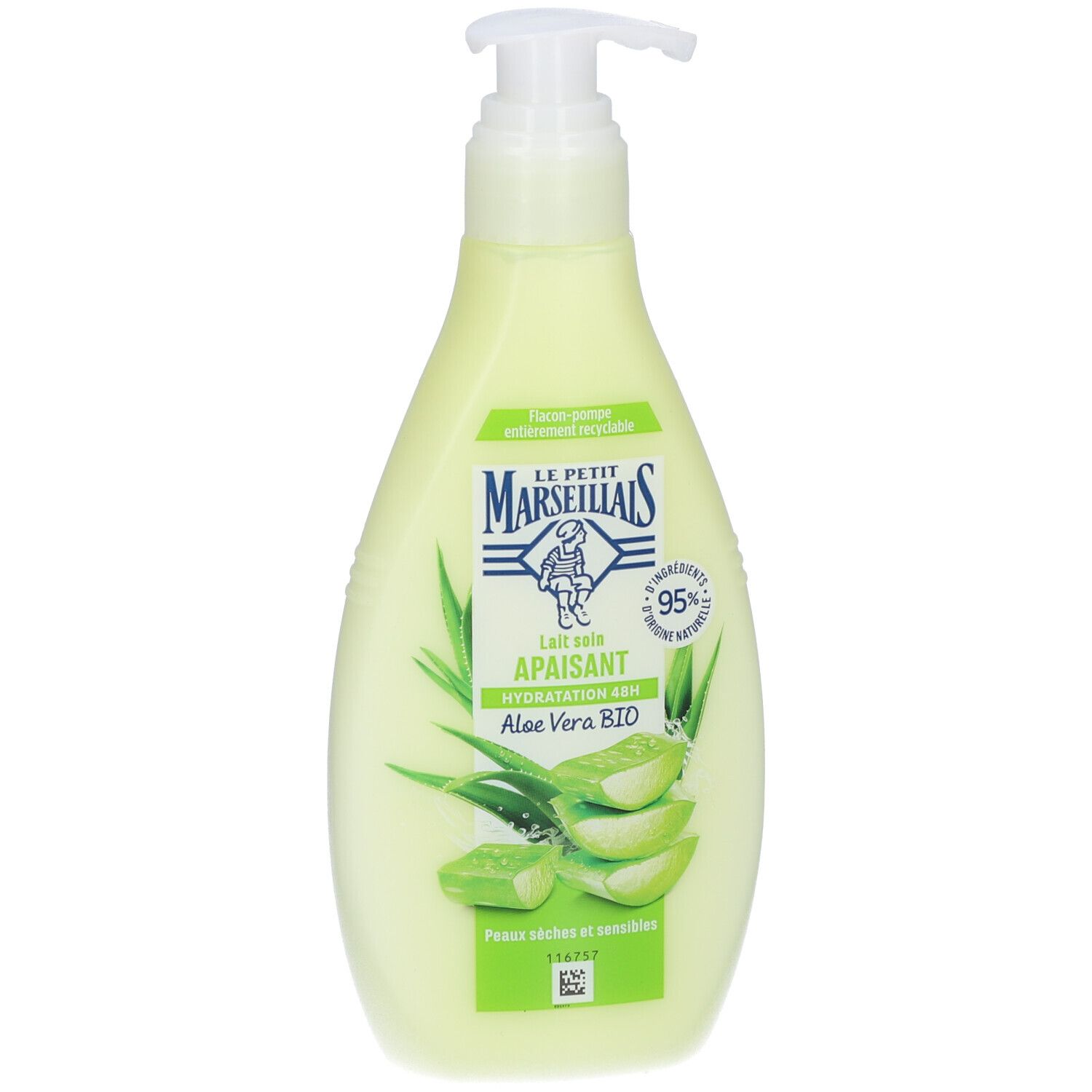 Flacon vert avec pompe. Inscription: LE PETIT MARSEILLAIS, Lait soin apaisant, Aloe Vera BIO. 95% ingrédients d'origine naturelle.