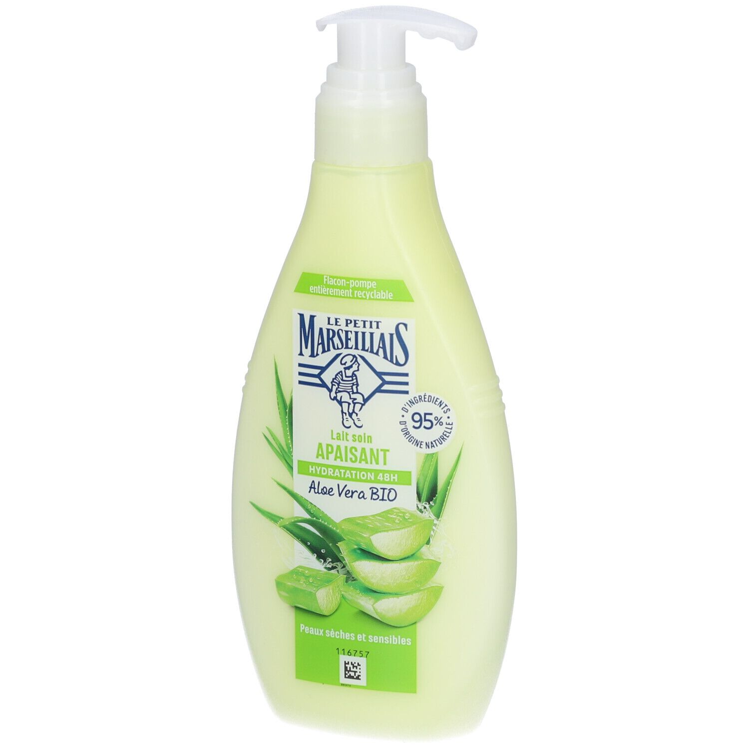 Flacon vert avec pompe. Inscription: LE PETIT MARSEILLAIS, Lait soin apaisant, Aloe Vera BIO. 95% ingrédients d'origine naturelle.